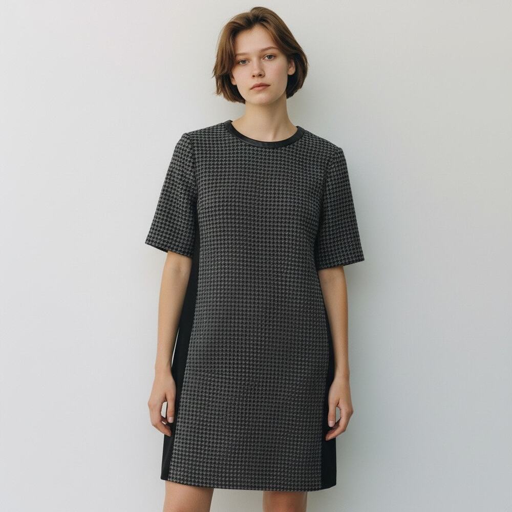 J. Crew Wool Houndstooth Shift Dress Leather Accents Size 12 Short sleeve